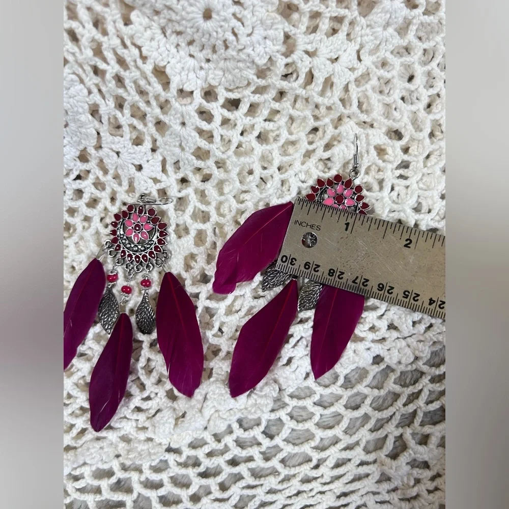 Feather Earrings Boho Vibrant Magenta Burgundy Silver Tone Chandelier Enamel